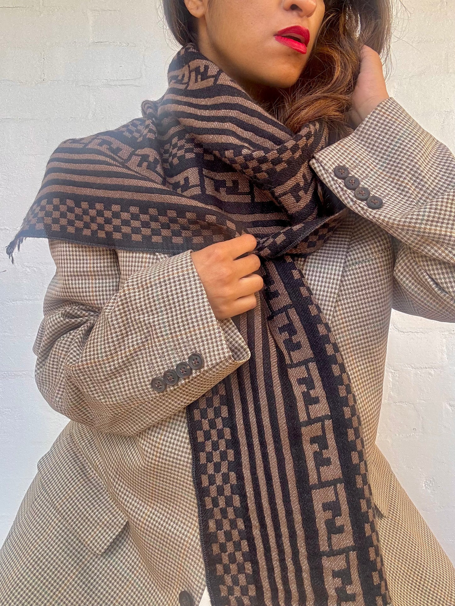 Vintage Fendi Wool Scarf in Black and Dark Brown Zucca Motif