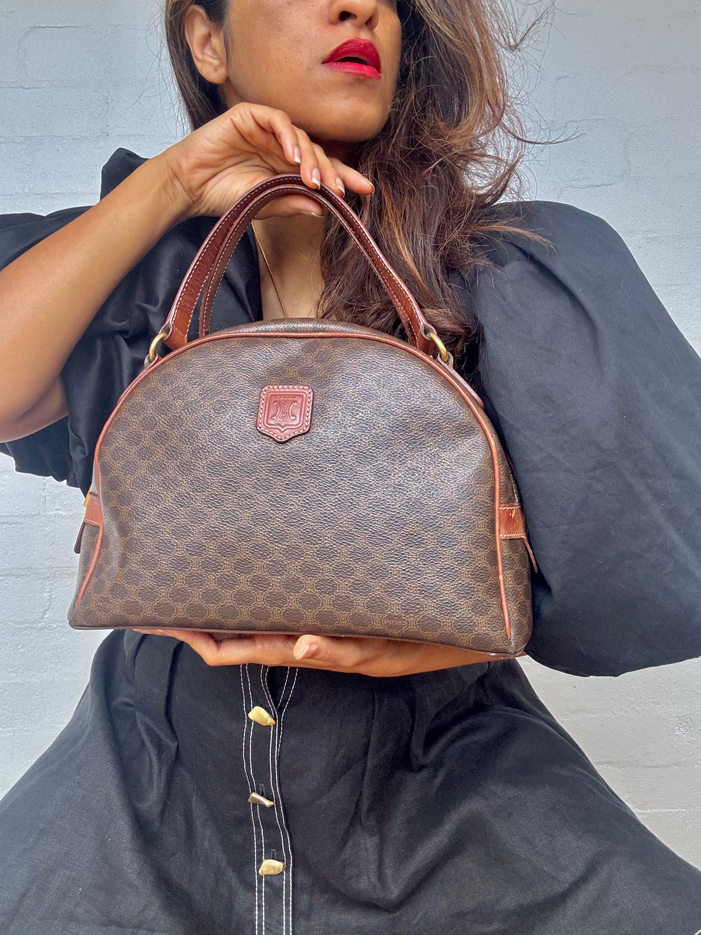 Celine Vintage Macadam Half Moon Handbag