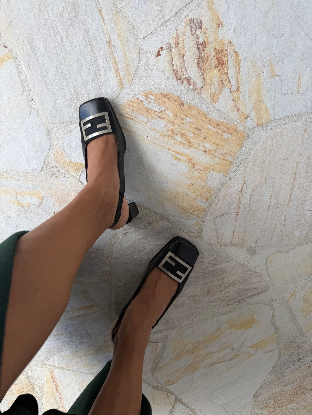 Vintage Fendi FF Buckle Leather Slingbacks - Black