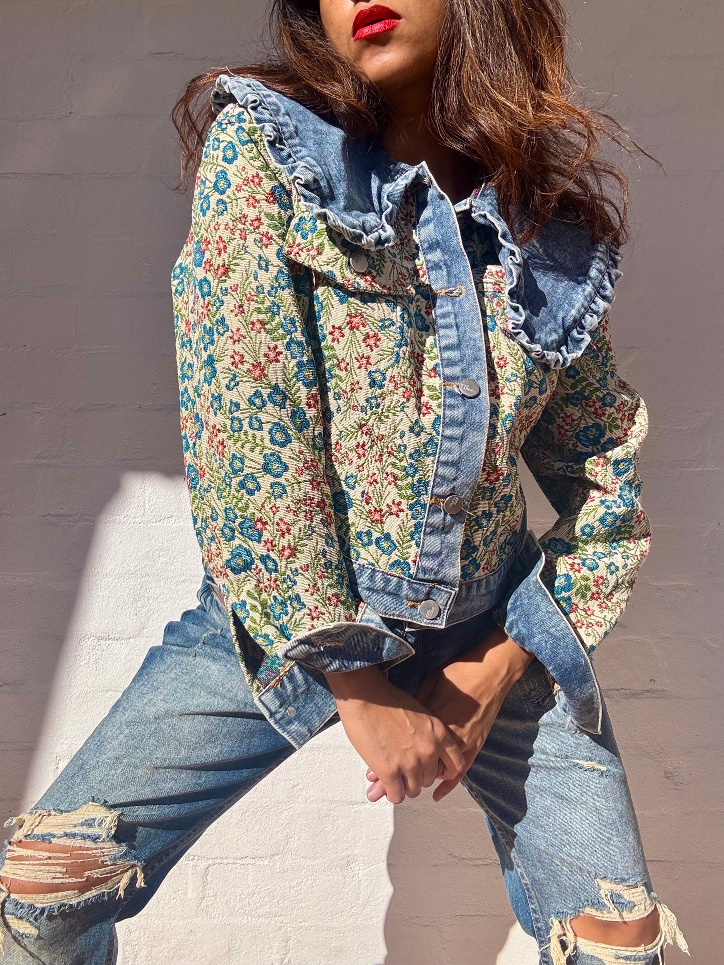 Denim Jacket with Tapestry Style Detailing