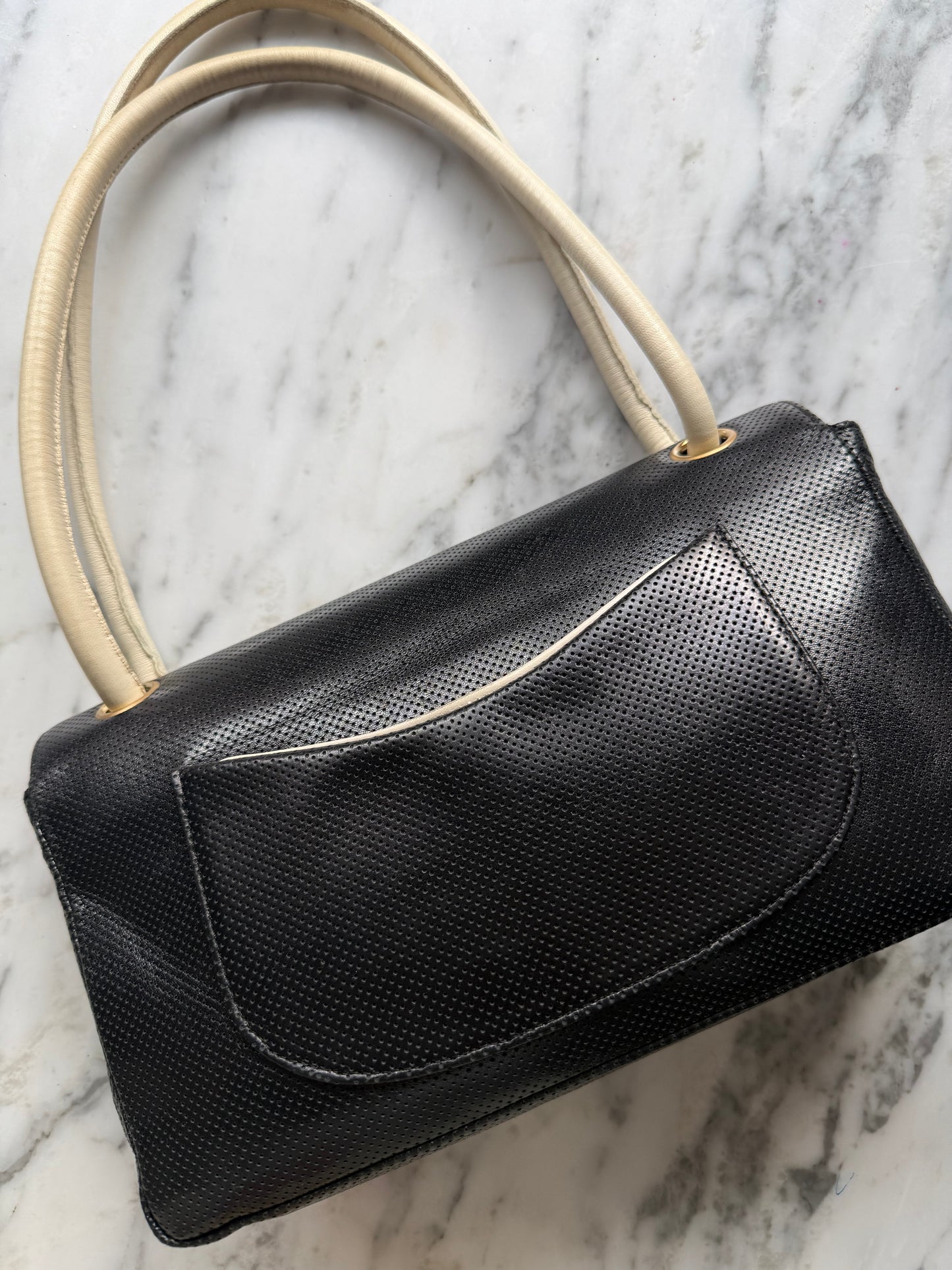 Vintage Chanel Coco Mark Perforated Leather Bicolour Flap Bag
