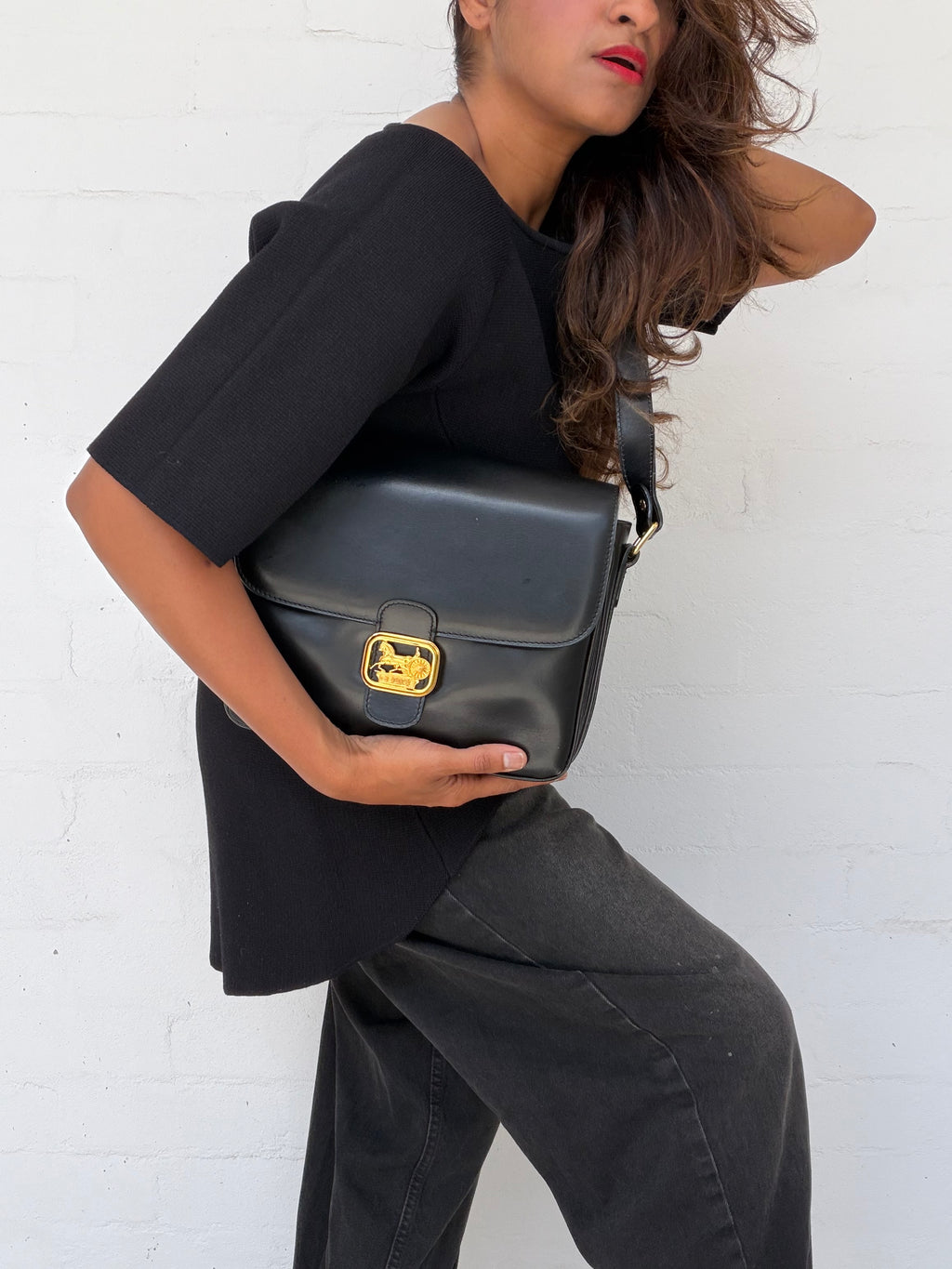 Vintage Celine Horse Carriage Leather Shoulder Bag - Black