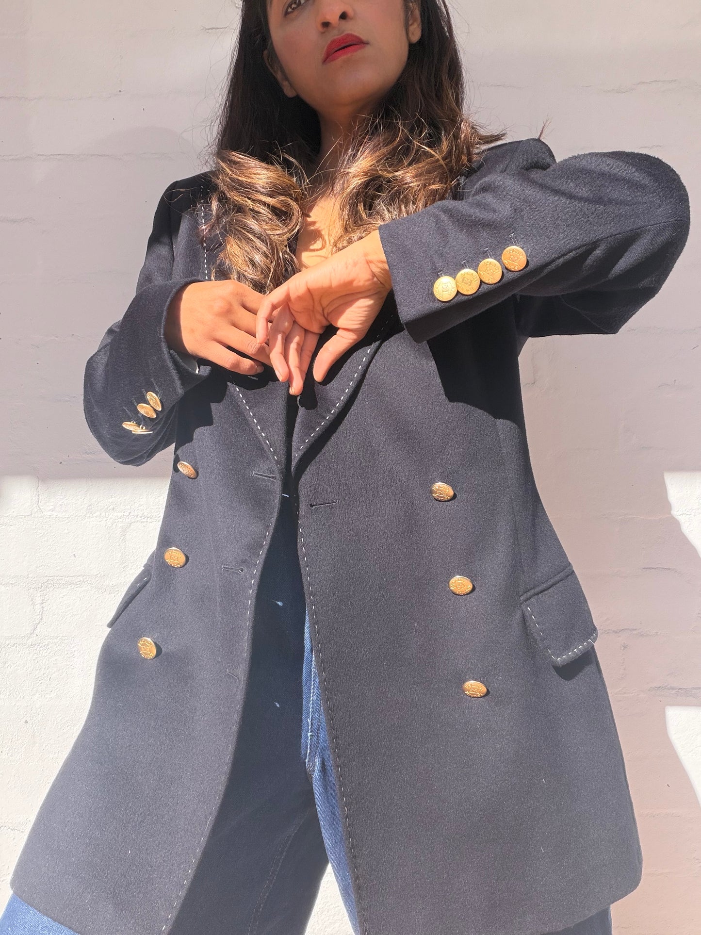 Vintage Escada Navy Wool Cashmere Double-Breasted Jacket