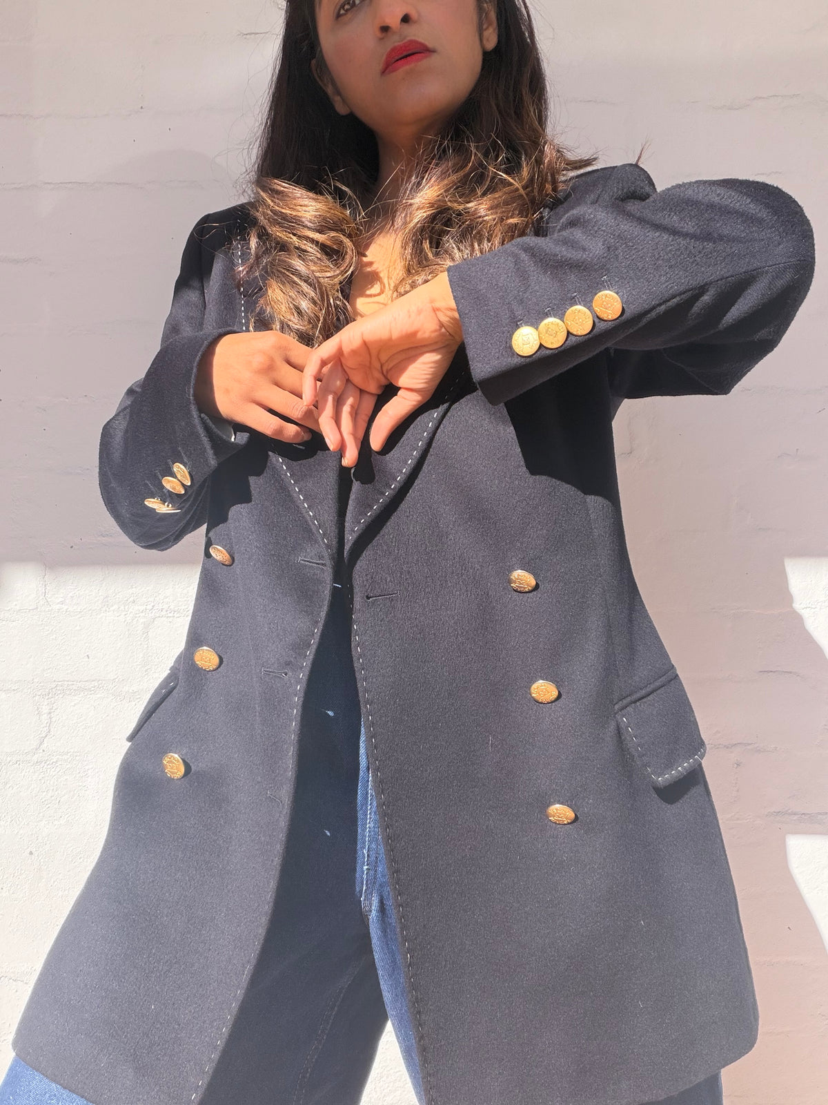 Vintage Escada Navy Wool Cashmere Double-Breasted Jacket