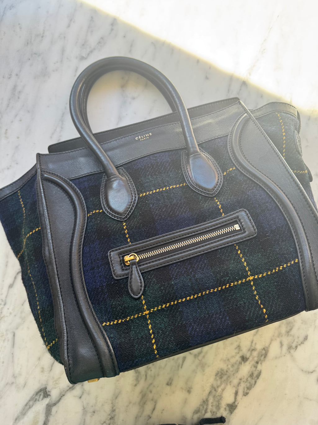 CELINE - Smooth Calfskin Tweed Tartan Medium Luggage Bag - Navy