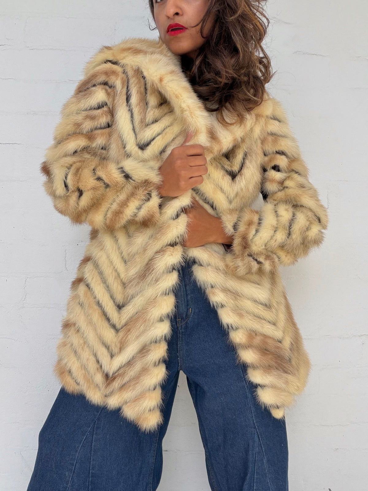 Rare Vintage Mink & Leather Herringbone Fur Coat - Cream & Chocolate