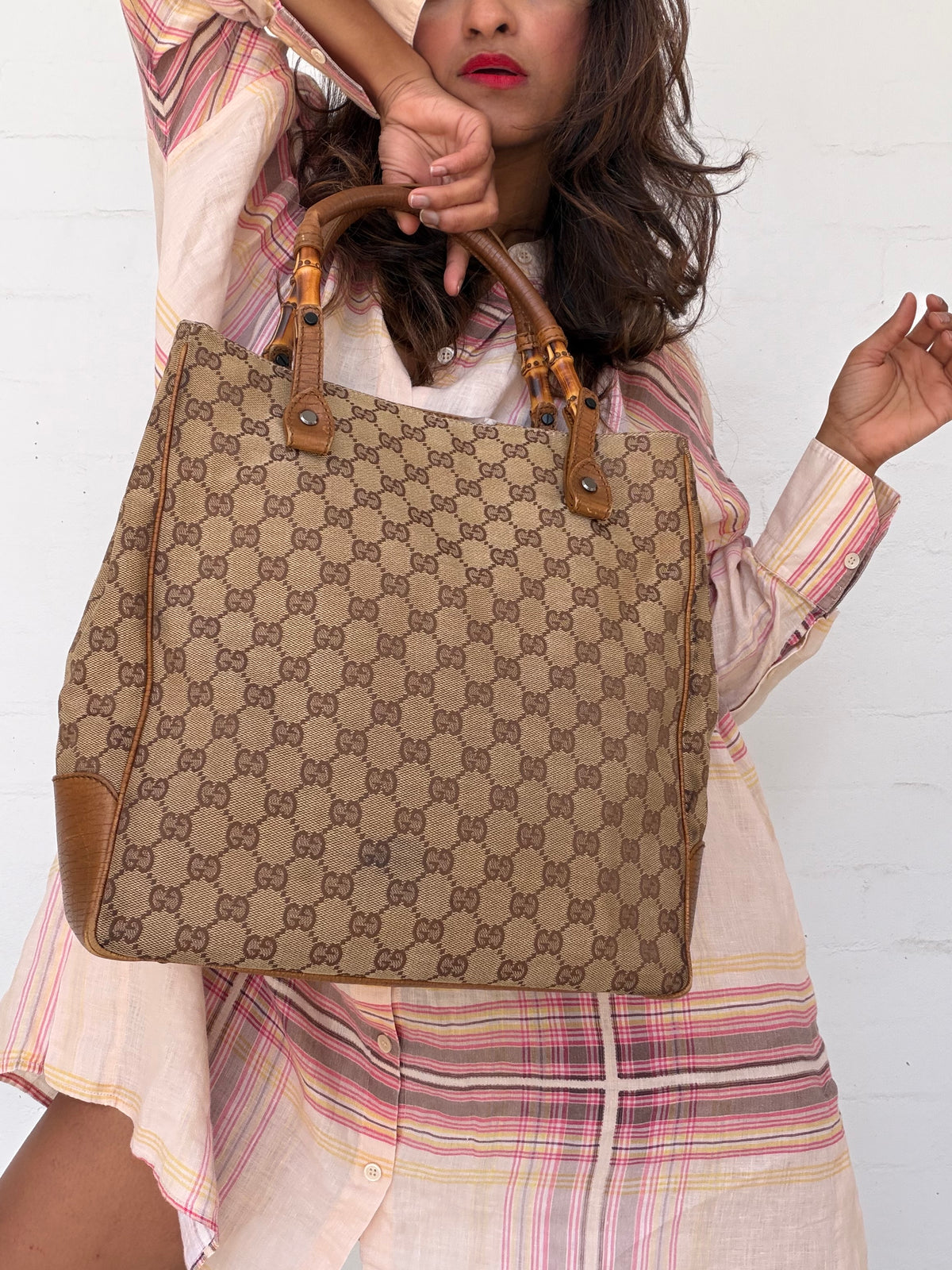 Vintage Gucci GG Canvas Bamboo Tote - Large