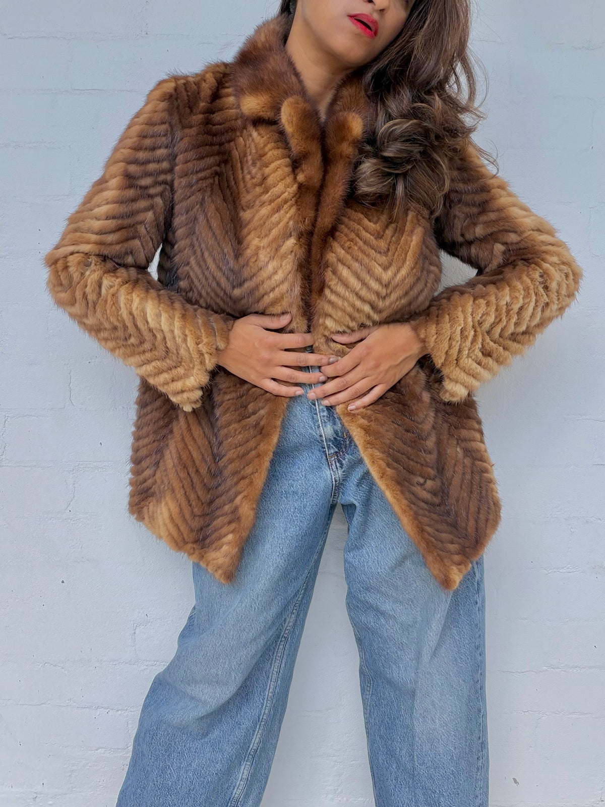 Vintage Mink Herringbone Fur Coat - Brown