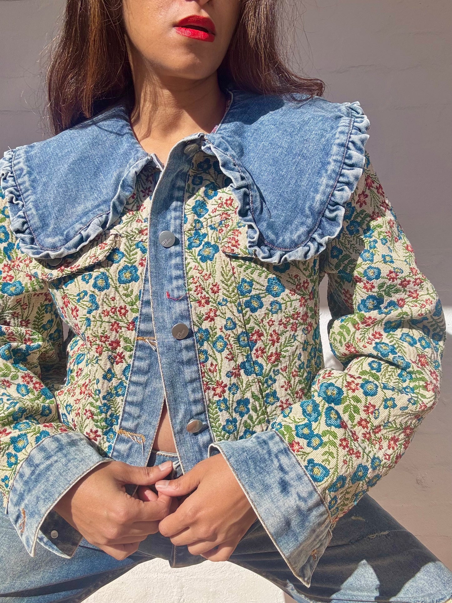 Denim Jacket with Tapestry Style Detailing