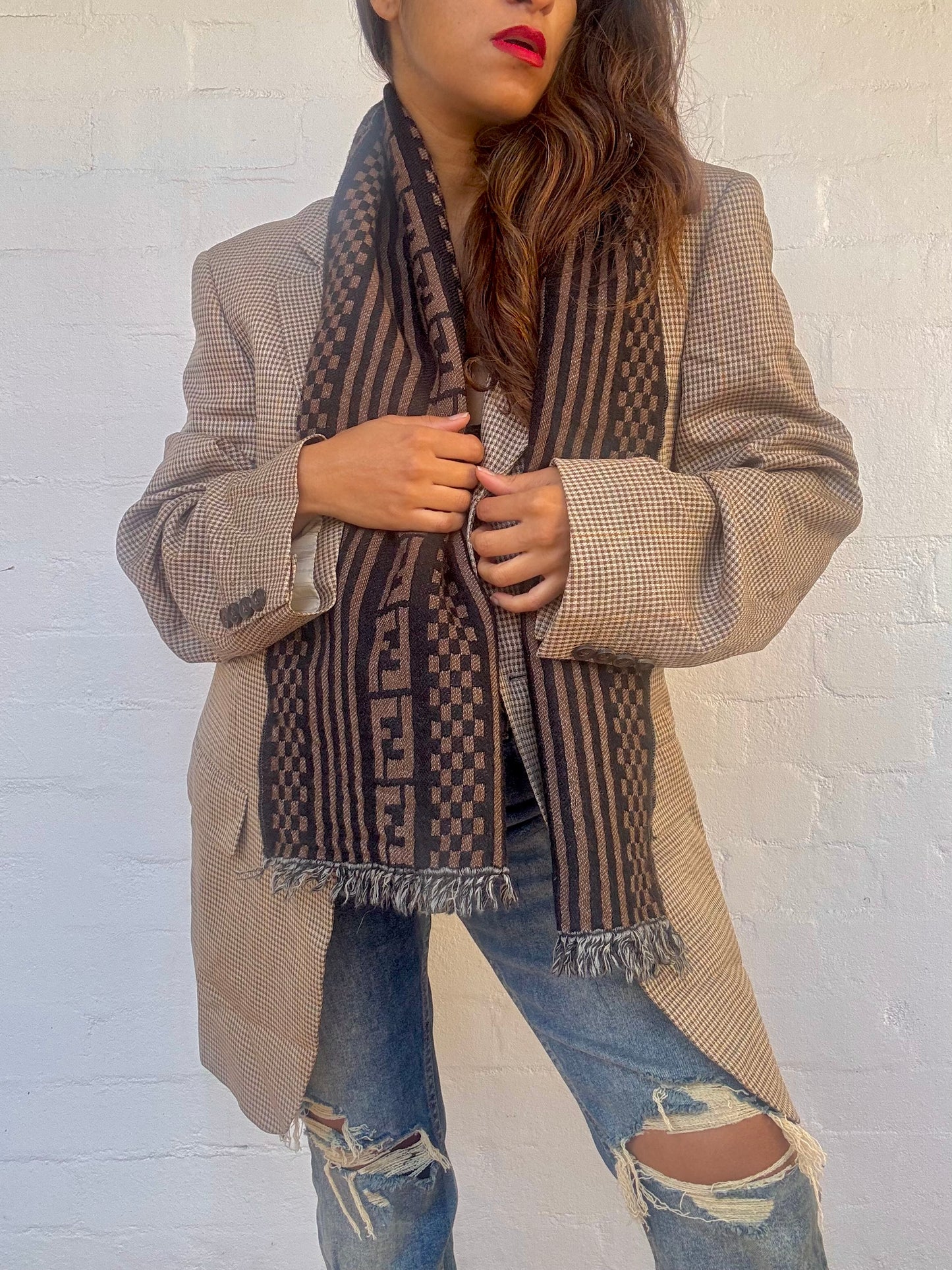 Vintage Fendi Wool Scarf in Black and Dark Brown Zucca Motif