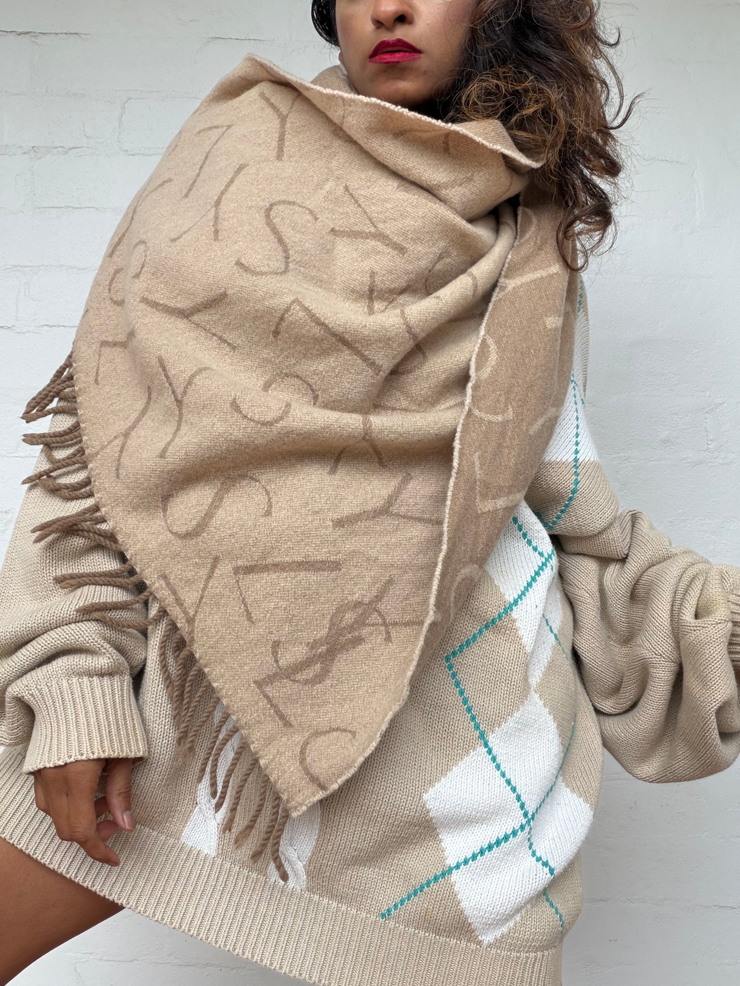 Vintage Yves Saint Laurent Monogram Fringe Scarf