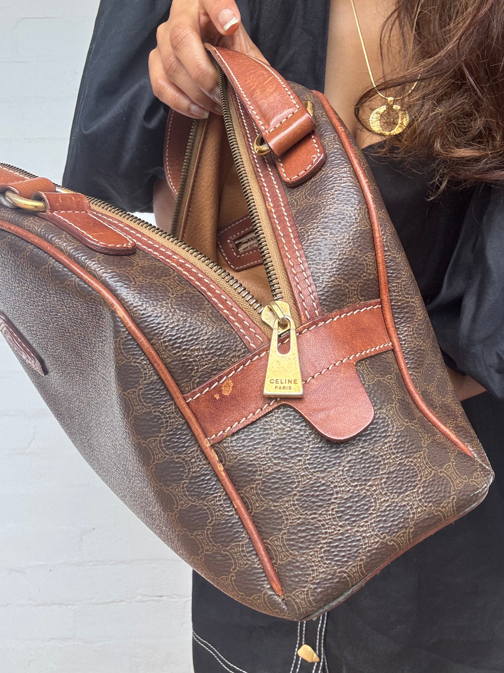 Celine Vintage Macadam Half Moon Handbag