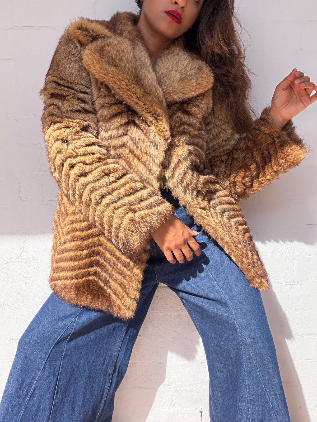 1970s Coyote Fur Vintage Coat - Chevron Pattern