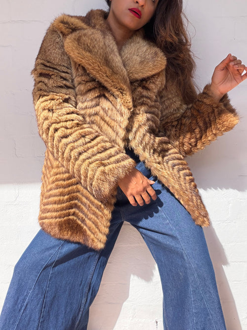 1970s Coyote Fur Vintage Coat - Chevron Pattern