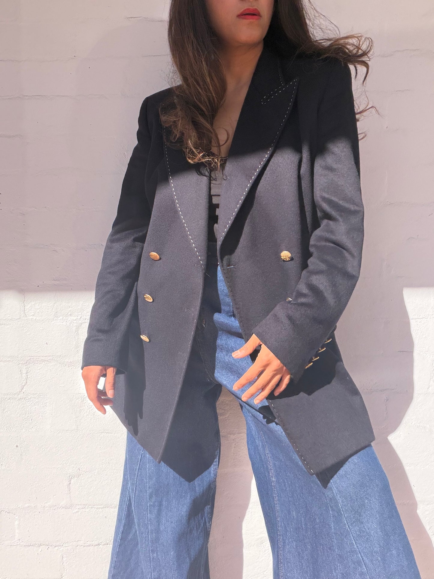 Vintage Escada Navy Wool Cashmere Double-Breasted Jacket