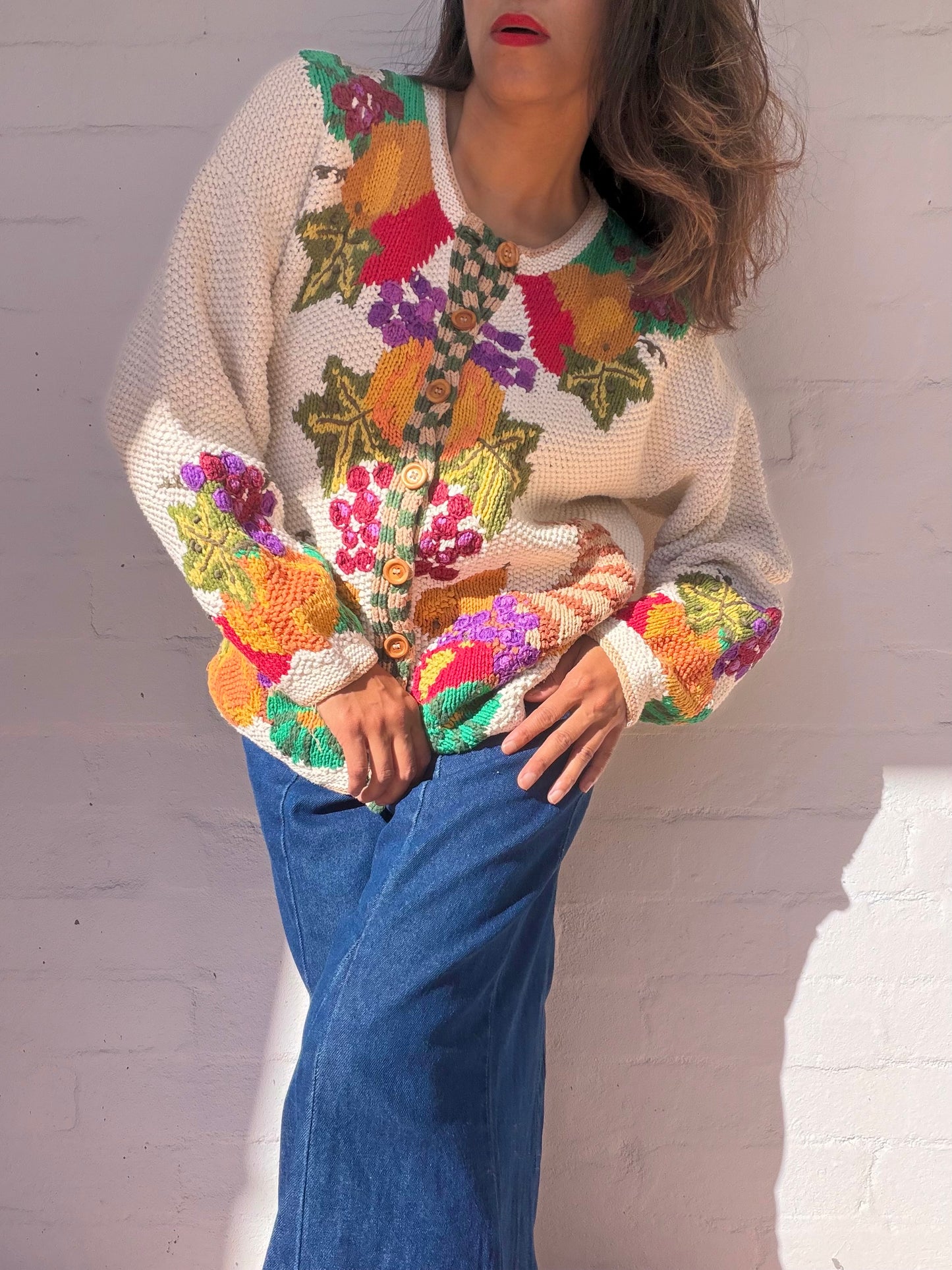 Rare Vintage Fruit Basket Print Cardigan - Hand Woven