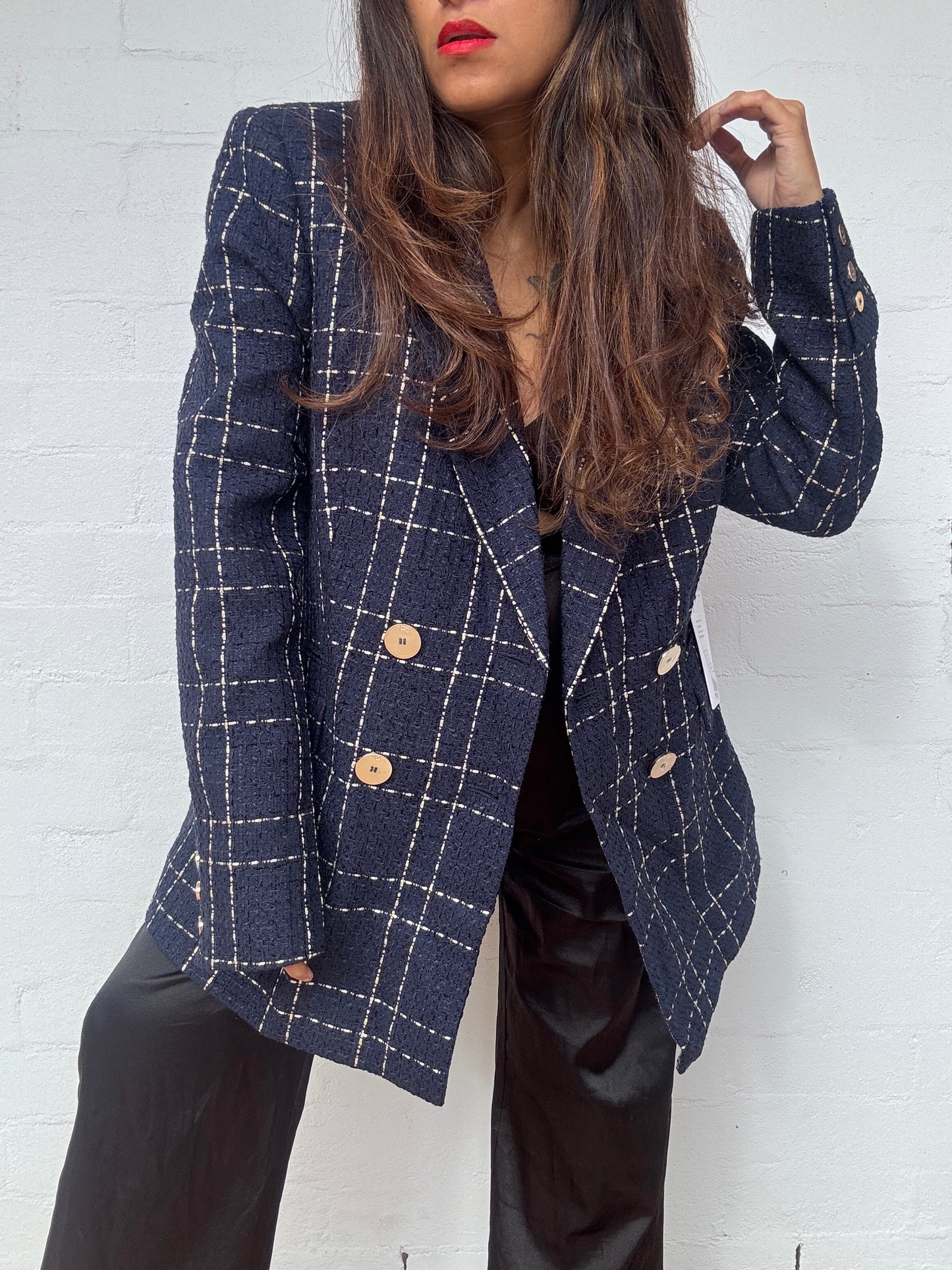 Camilla and Marc - Dominique Blazer Navy & Gold Check, Brand New with Tags