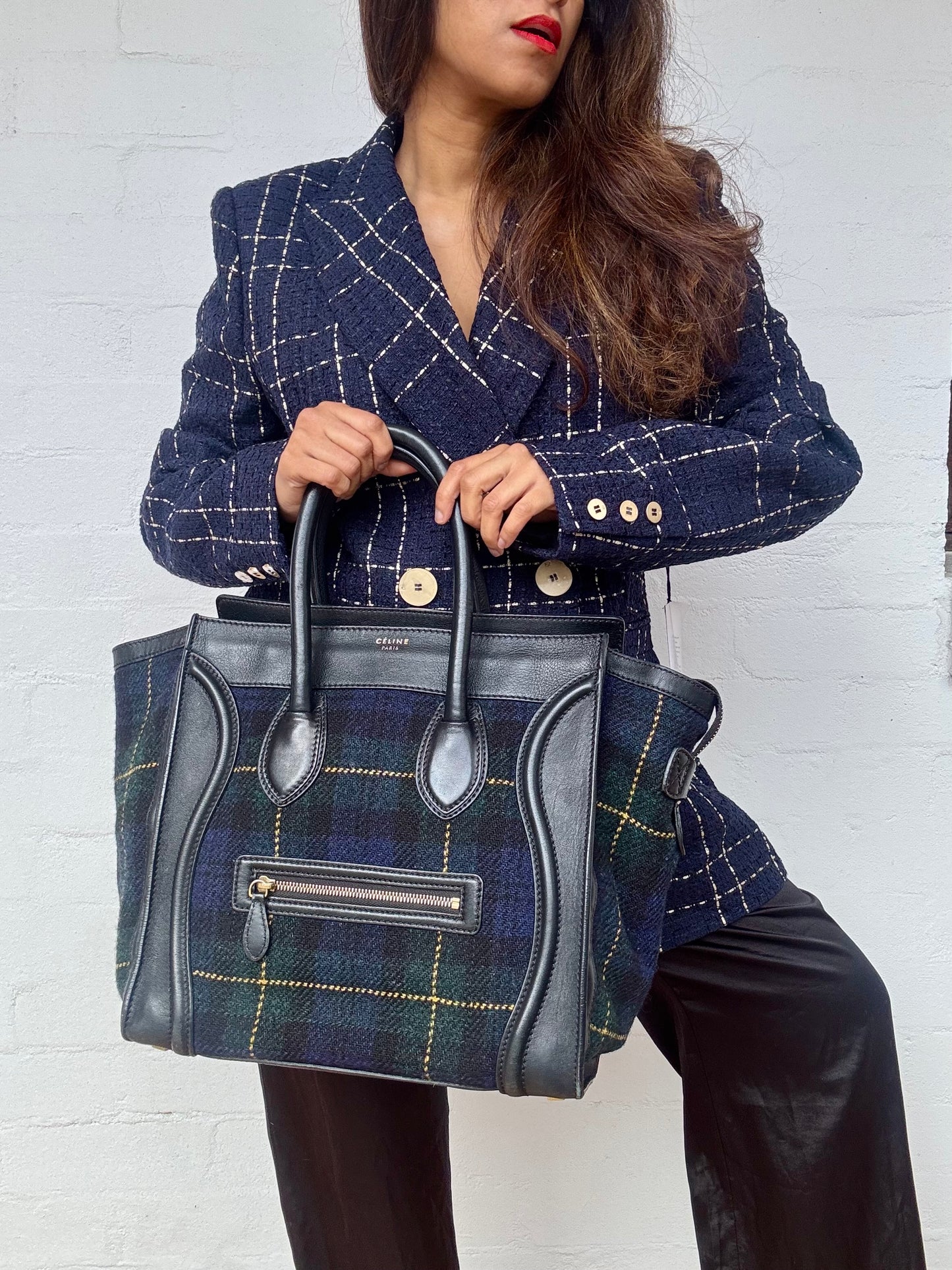 CELINE - Smooth Calfskin Tweed Tartan Medium Luggage Bag - Navy