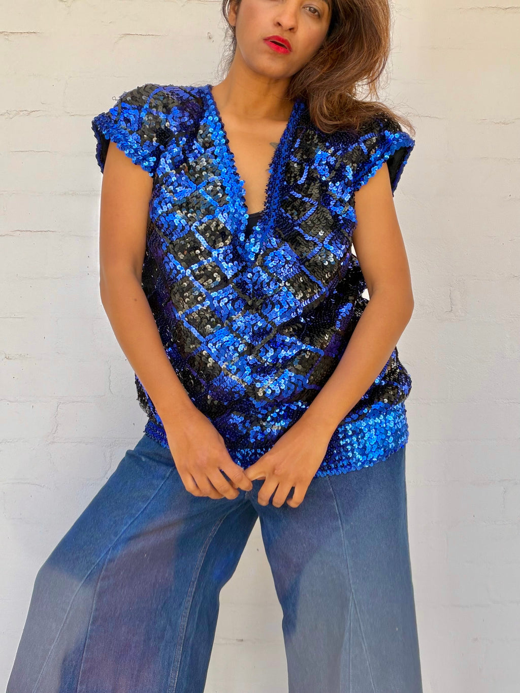 Vintage Sequin Diamond Top - Cobalt & Black