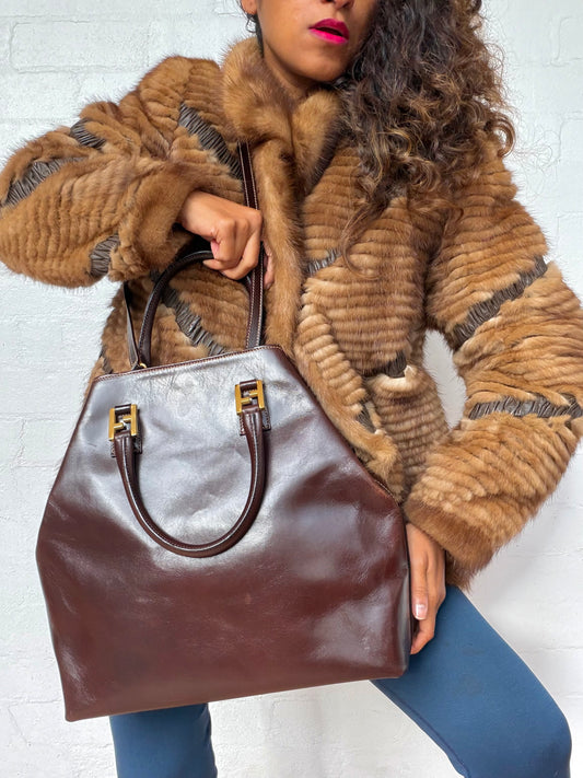 Vintage Fendi 2 in 1 Brown Leather Tote Bag Large