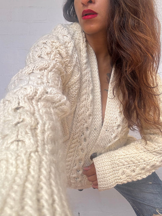 Vintage Irish Aran Knit Cardigan - Cream