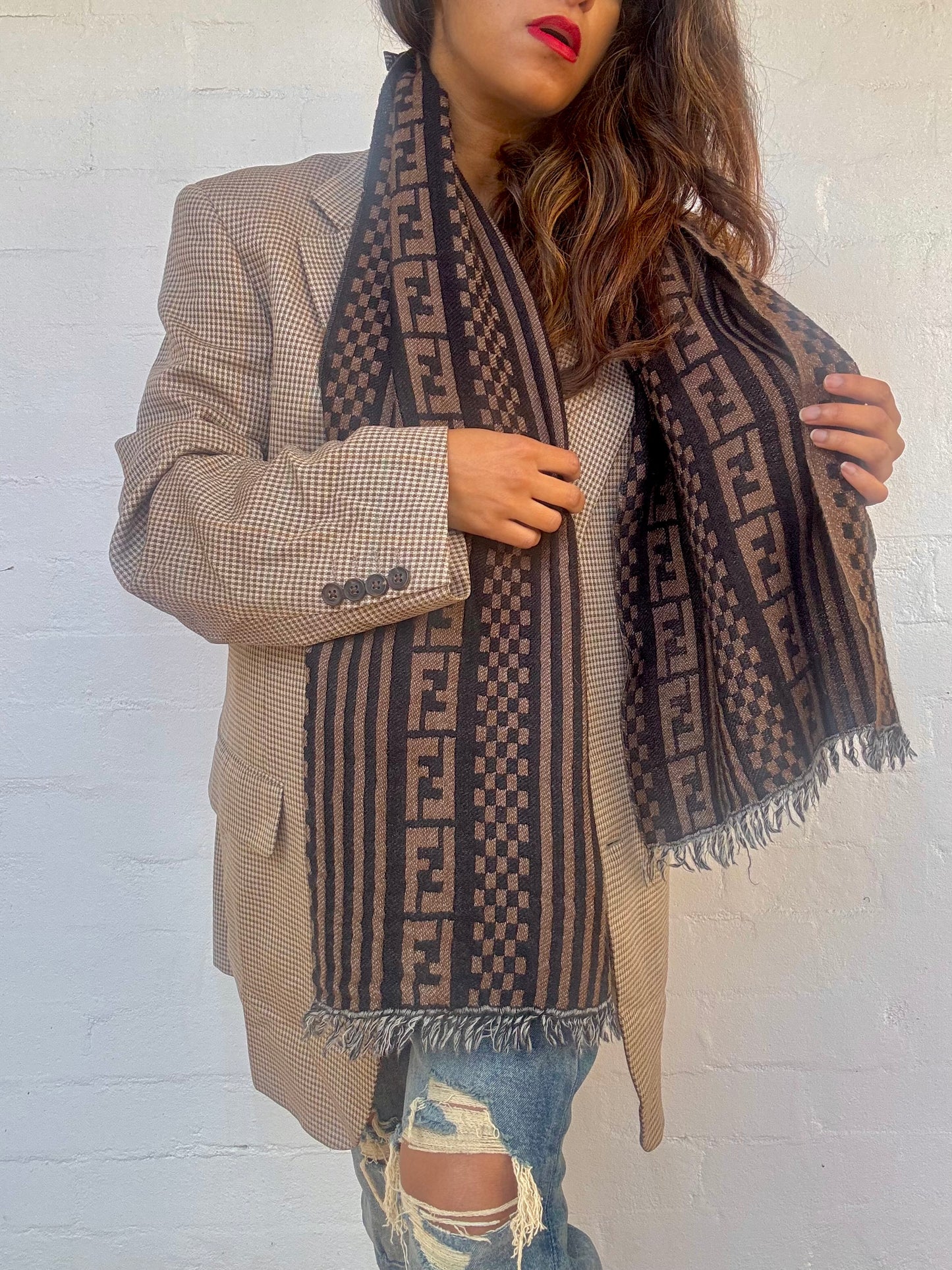 Vintage Fendi Wool Scarf in Black and Dark Brown Zucca Motif