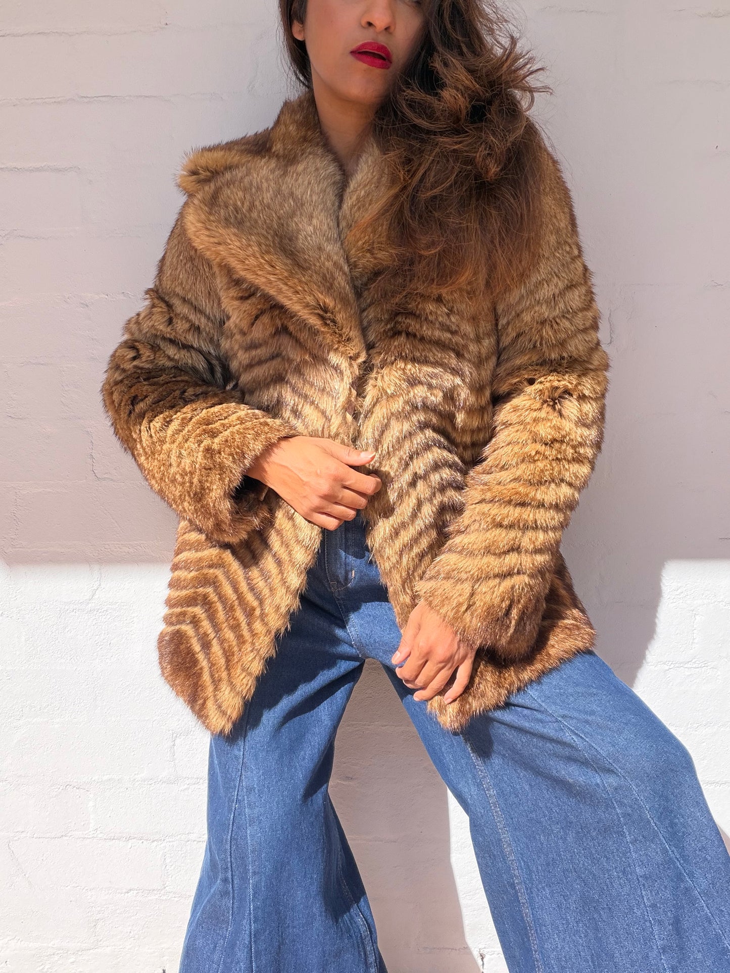 1970s Coyote Fur Vintage Coat - Chevron Pattern