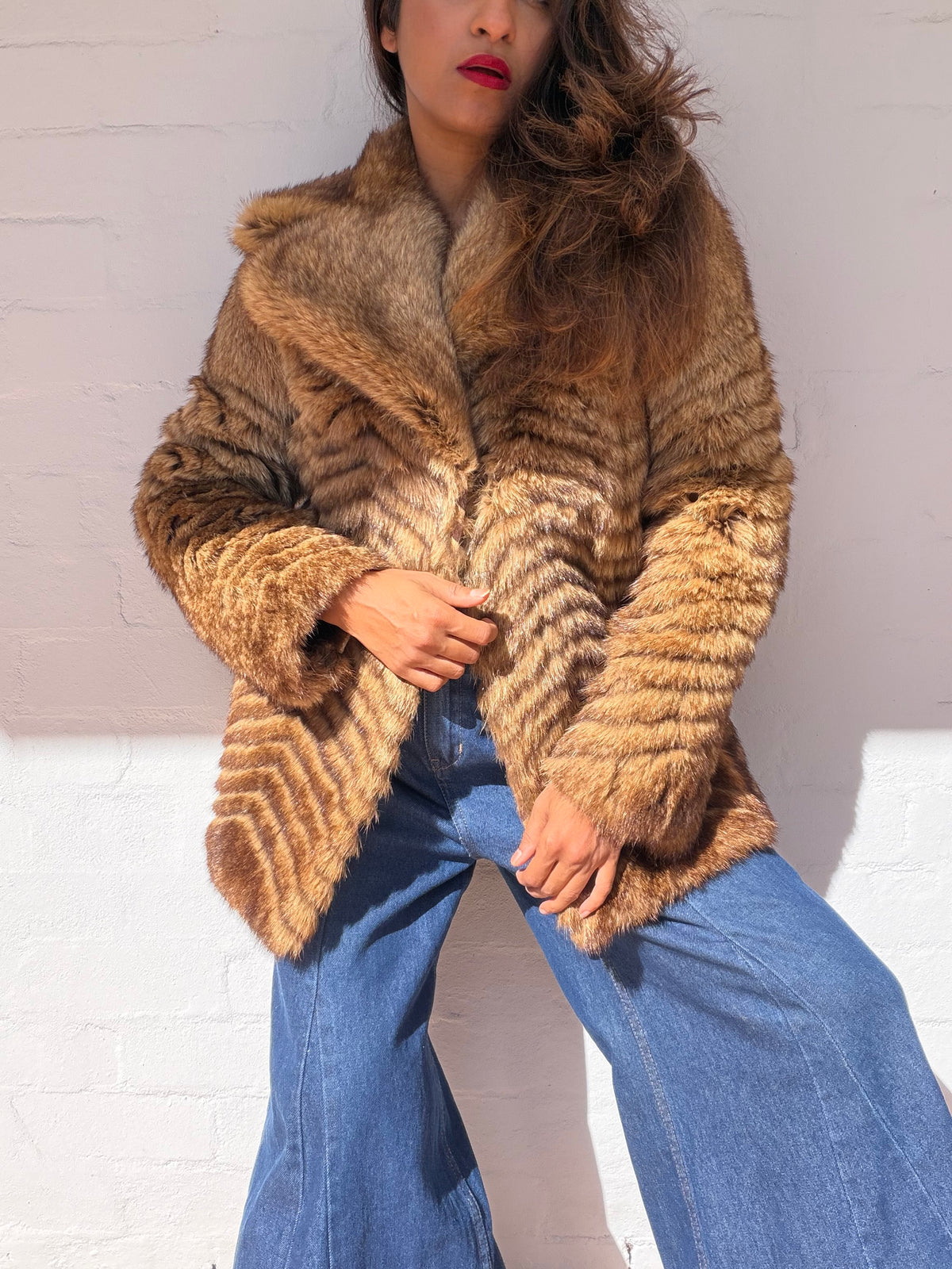 1970s Coyote Fur Vintage Coat - Chevron Pattern