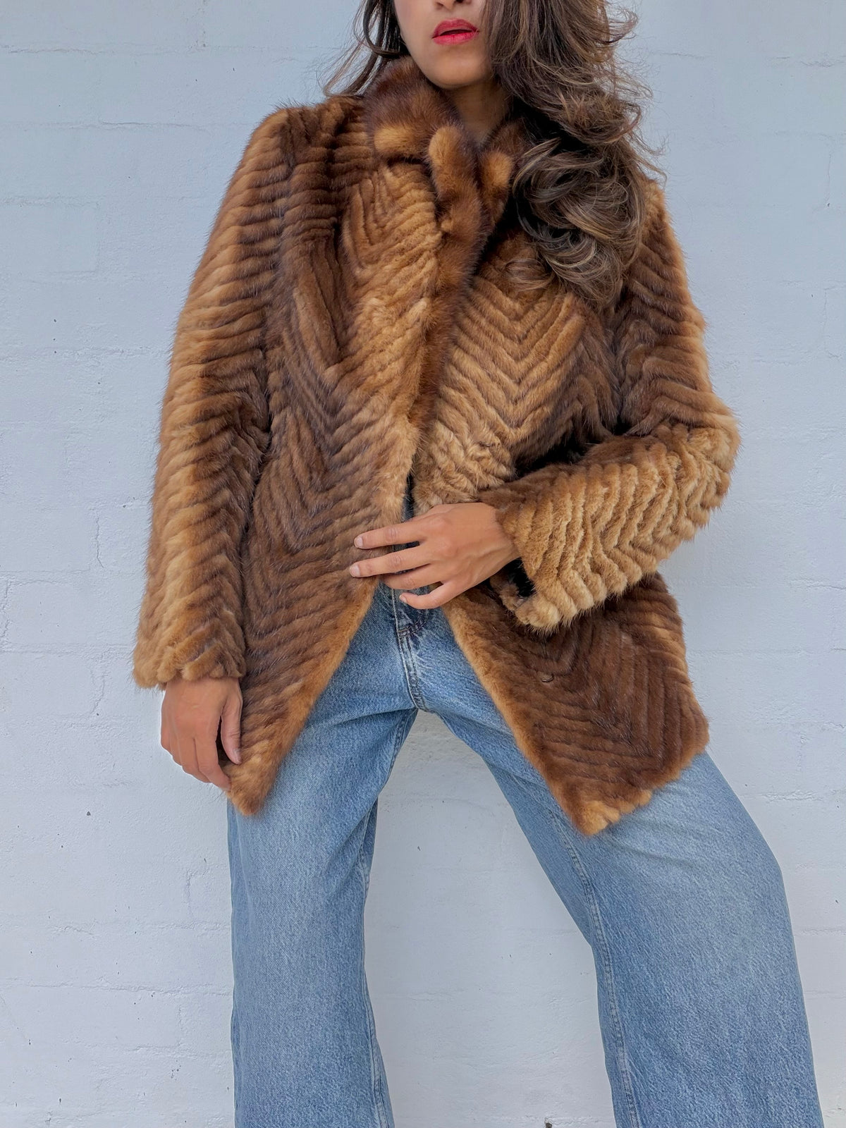 Vintage Mink Herringbone Fur Coat - Brown