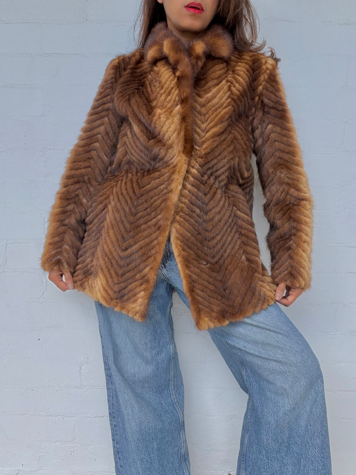 Vintage Mink Herringbone Fur Coat - Brown