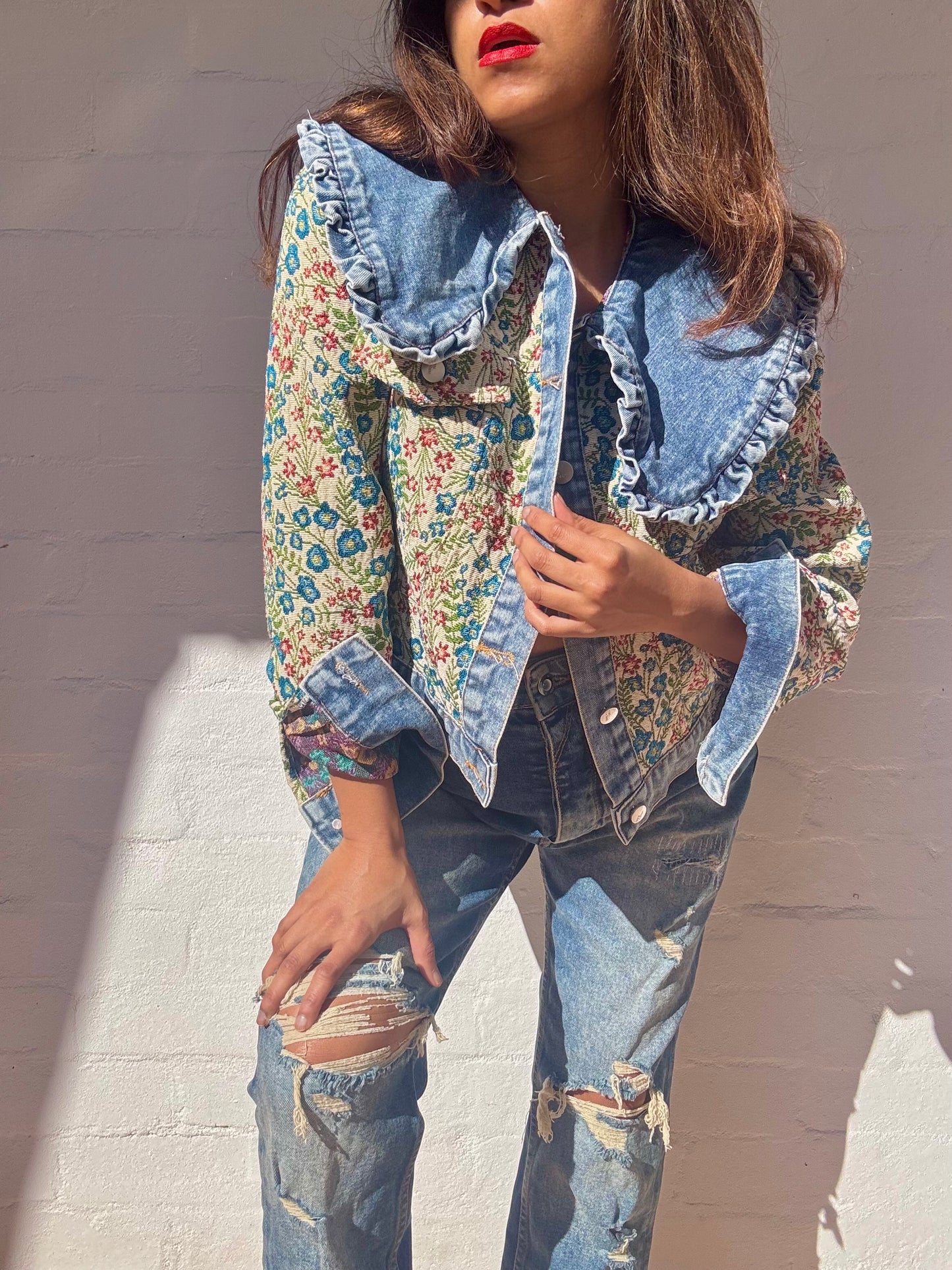 Denim Jacket with Tapestry Style Detailing