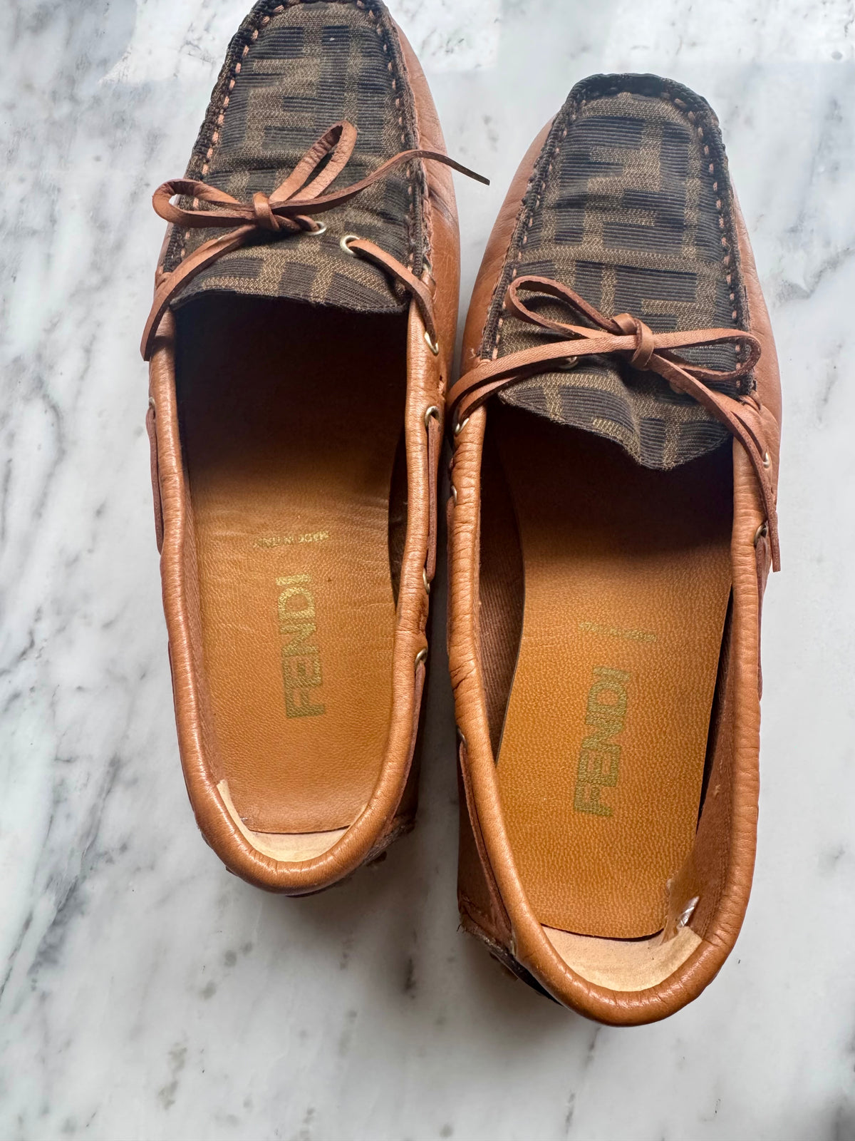 Fendi Brown Zucca Canvas & Leather Bow Loafers