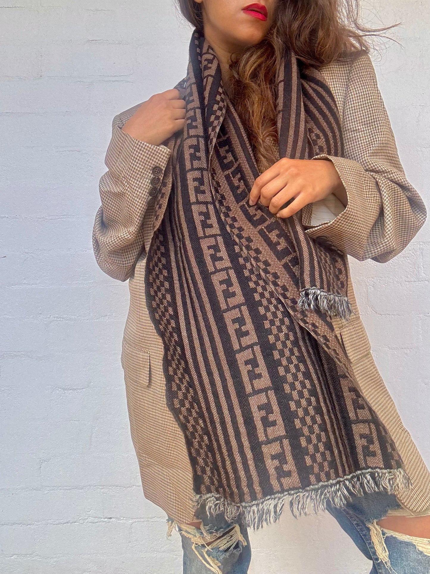 Vintage Fendi Wool Scarf in Black and Dark Brown Zucca Motif