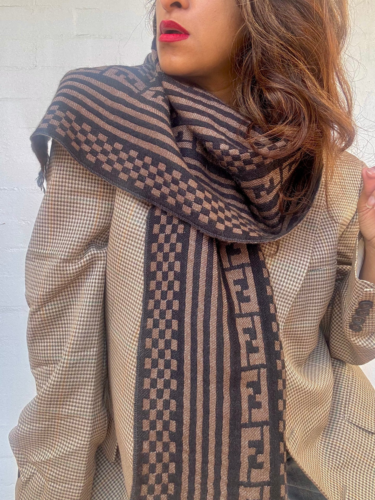 Vintage Fendi Wool Scarf in Black and Dark Brown Zucca Motif