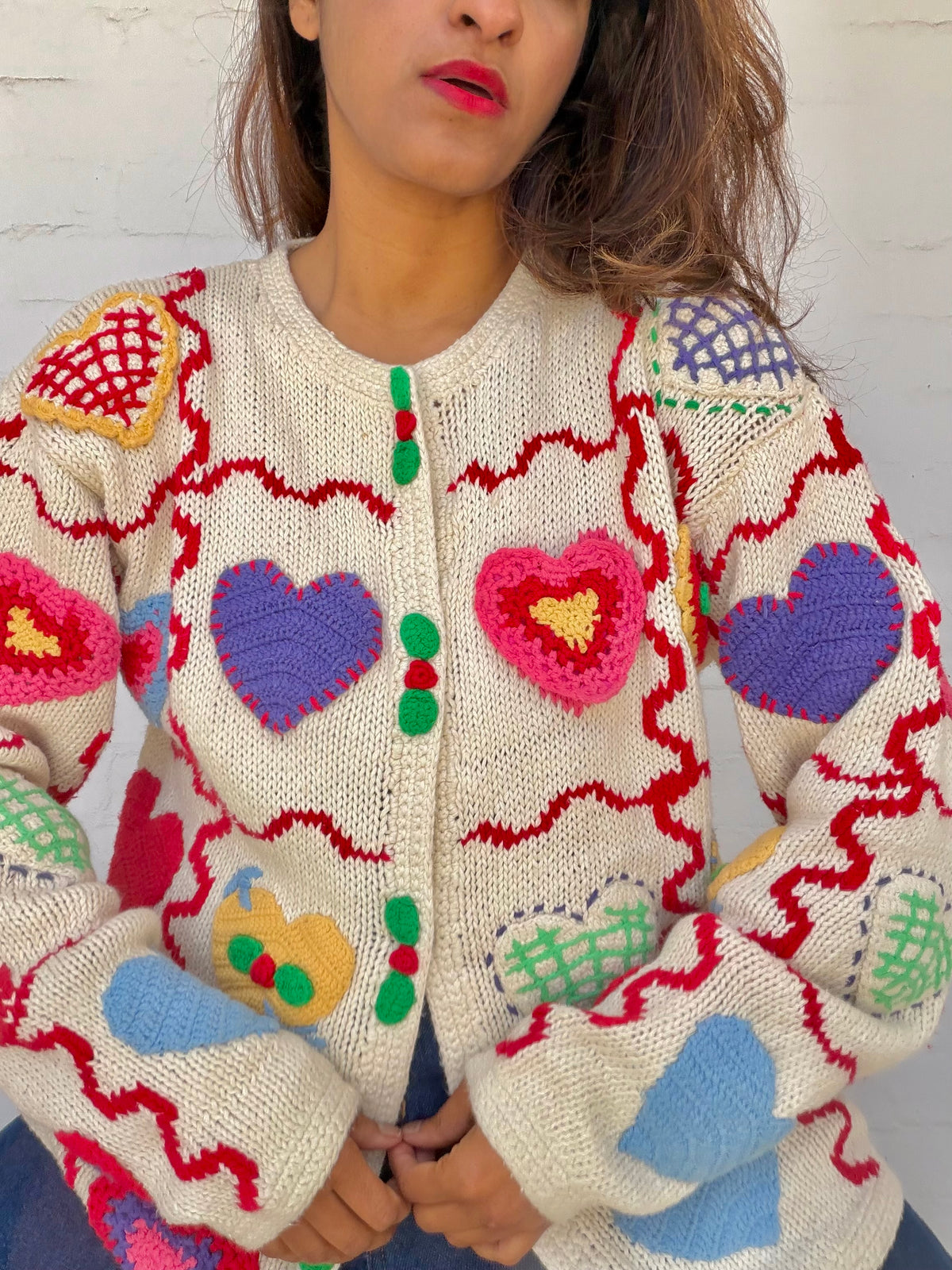 Vintage Hand-Knit Crochet Heart Cardigan