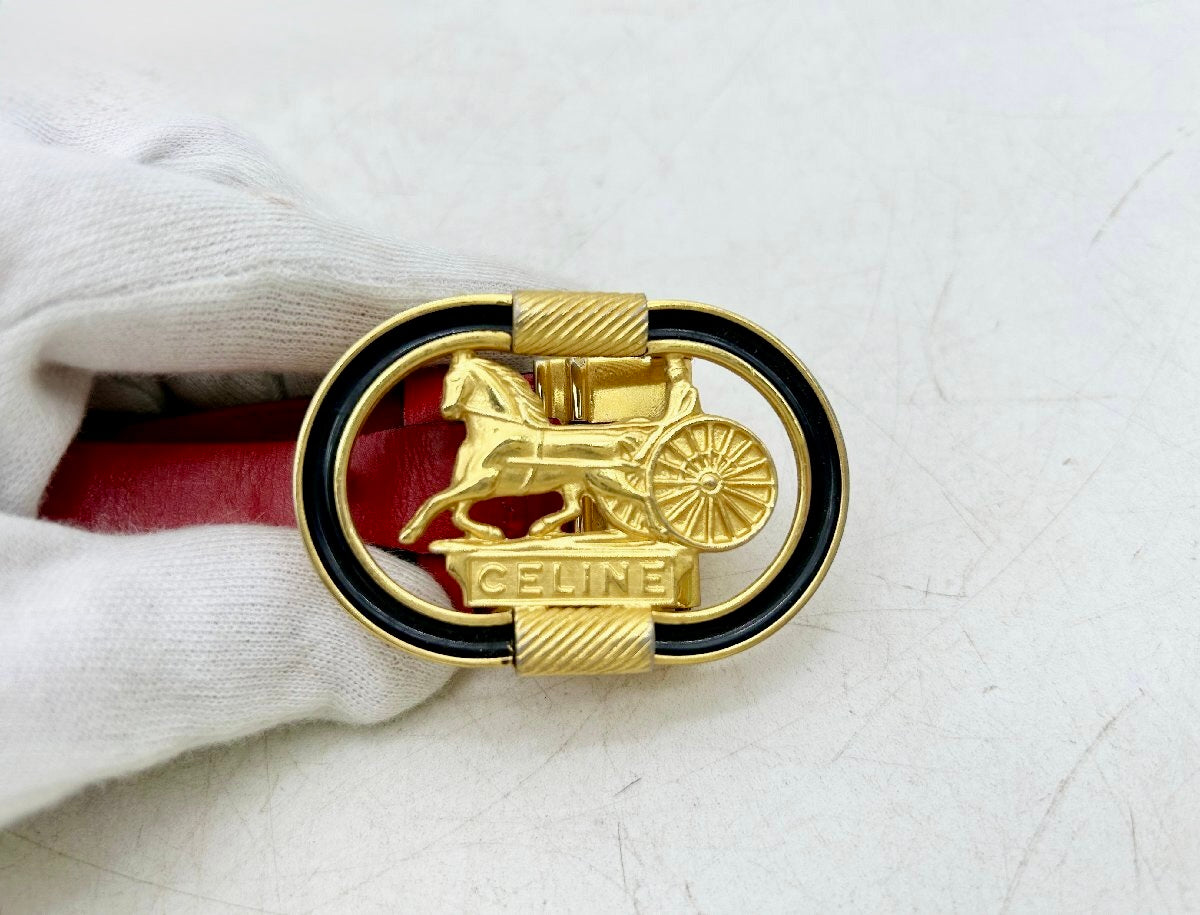CELINE Leather Belt with Horse Carriage Buckle - Red