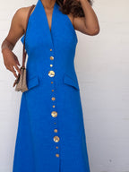 Sheike Halter Button-Through Midi Dress - Cobalt Blue