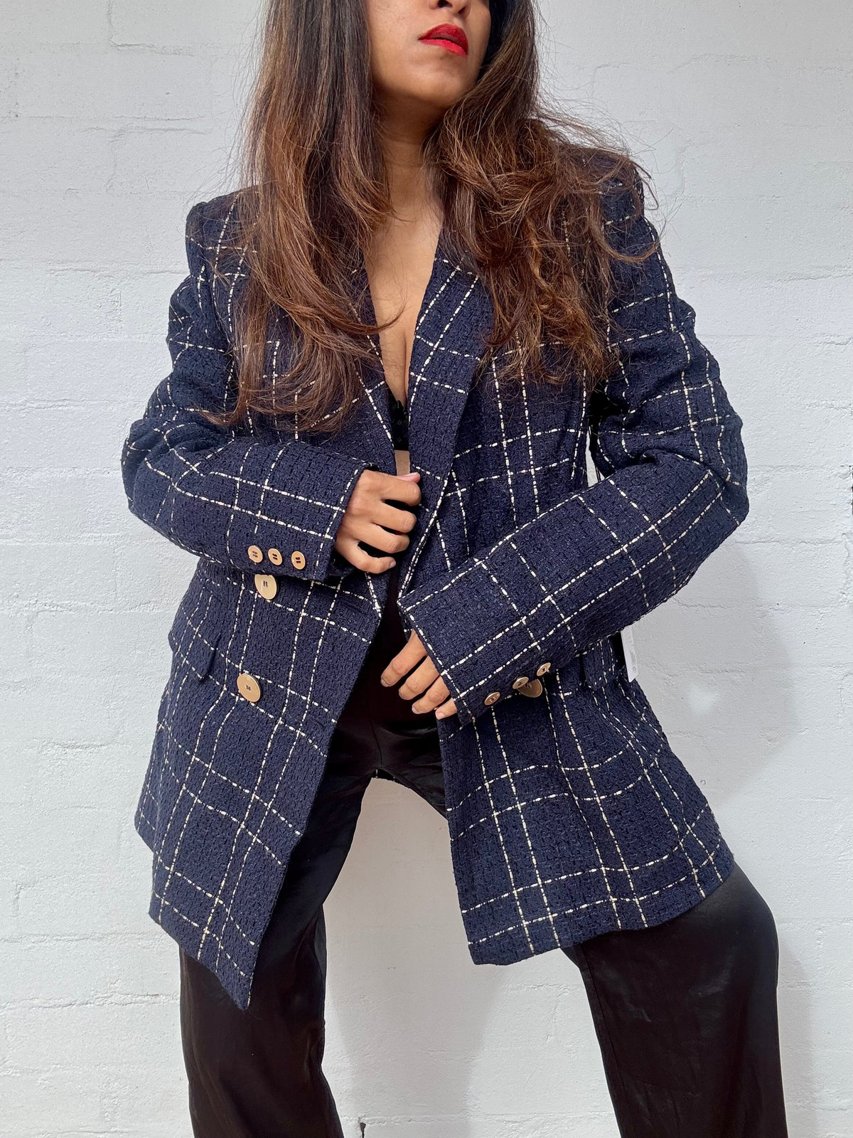 Camilla and Marc - Dominique Blazer Navy & Gold Check, Brand New with Tags