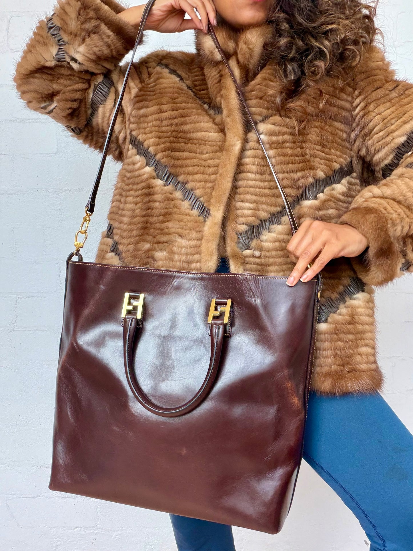 Vintage Fendi 2 in 1 Brown Leather Tote Bag Large