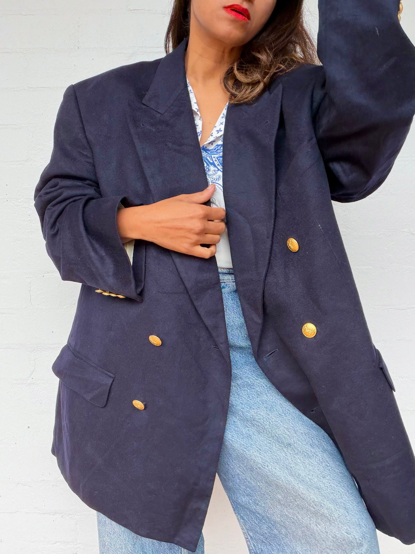 90s Yves Saint Laurent Navy Double-Breasted Jacket