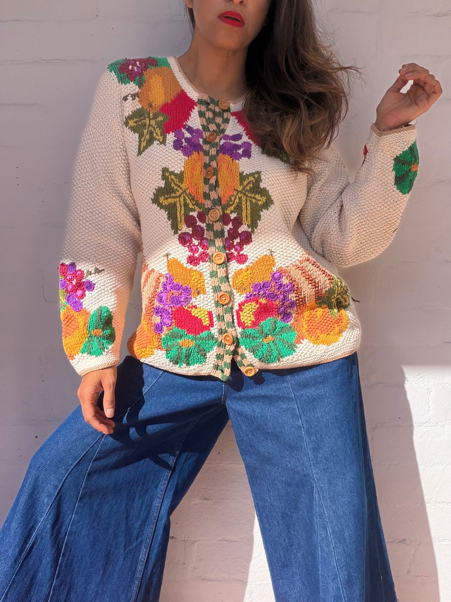 Rare Vintage Fruit Basket Print Cardigan - Hand Woven