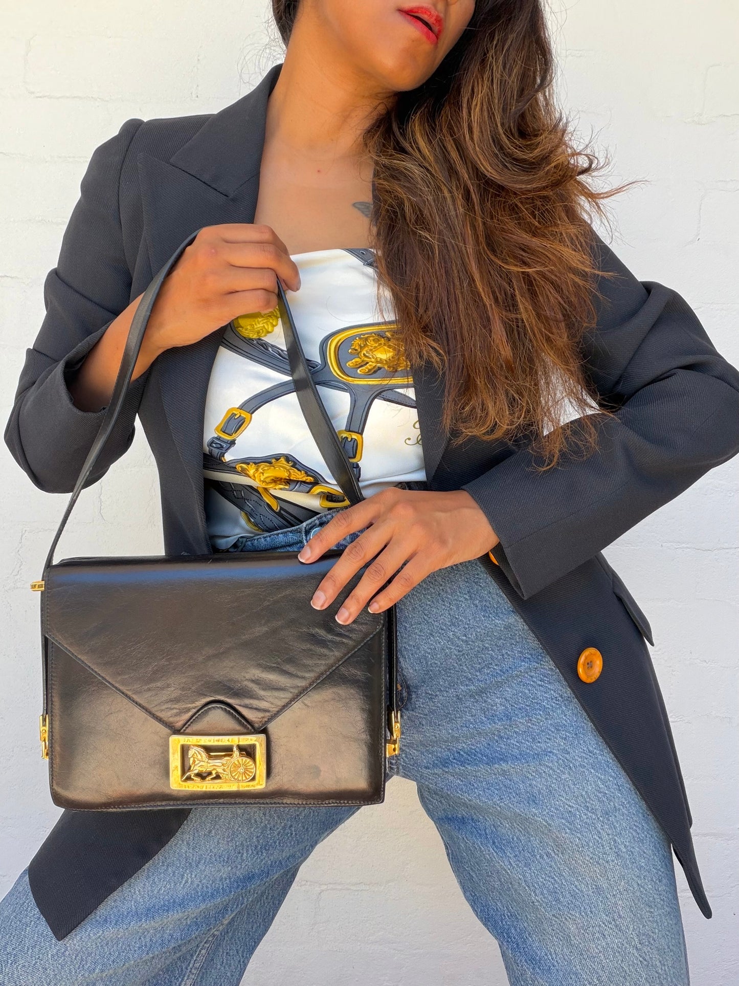 Vintage CELINE Horse Carriage Shoulder Bag - Black