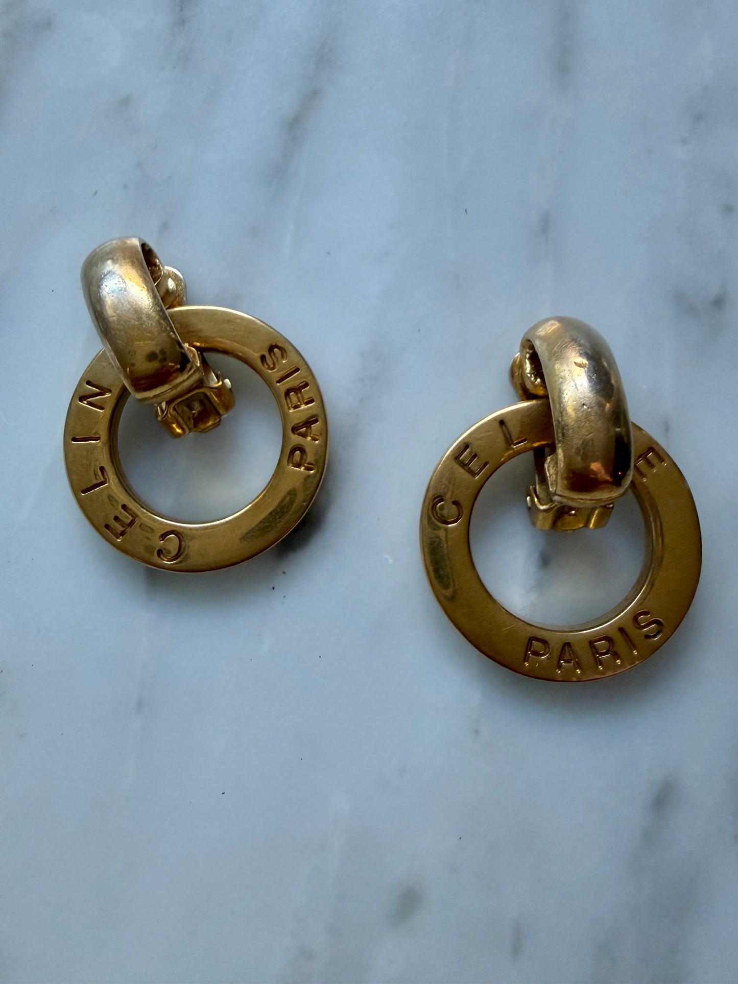 Vintage Celine Gold Engraved Circle Motif Earrings - Large