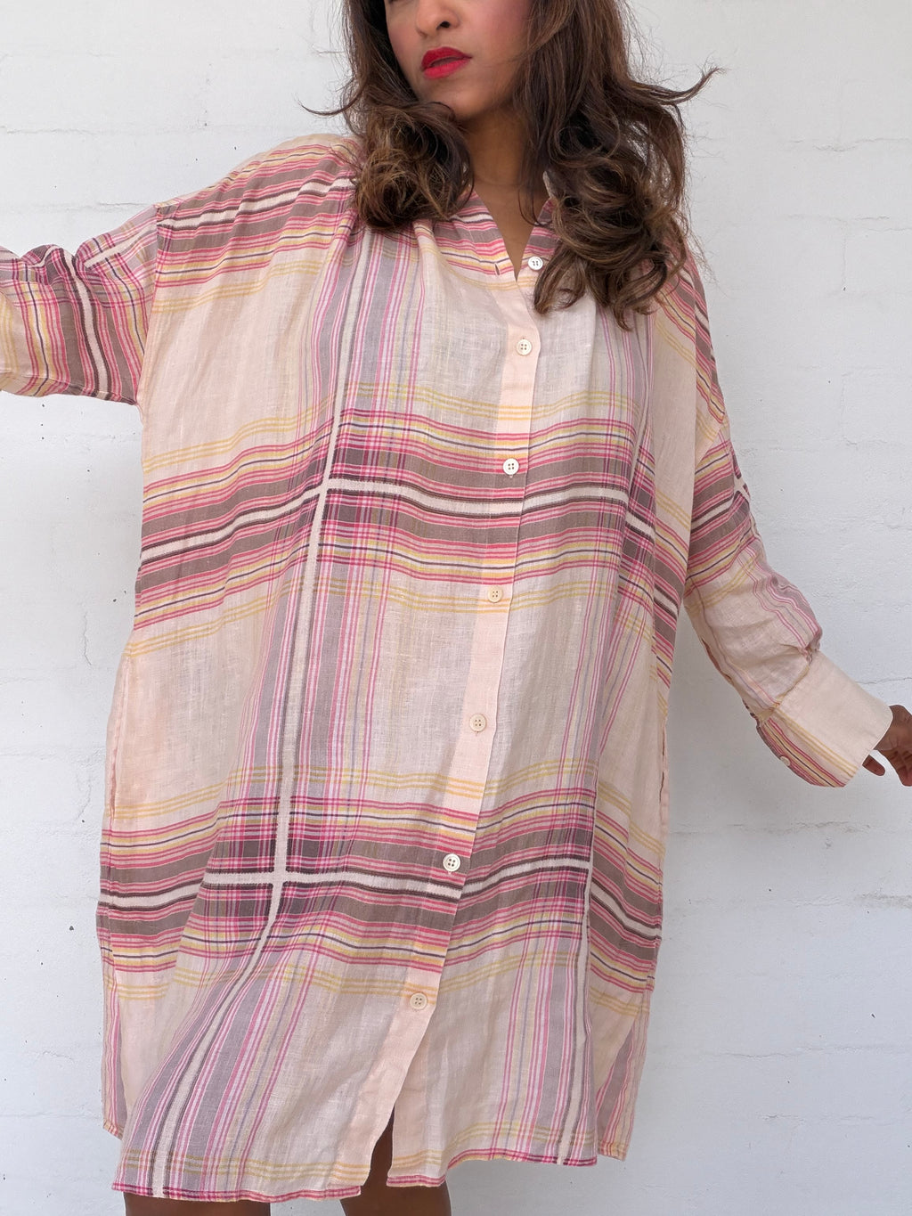 Oroton Linen Check Shirt Dress - Pink