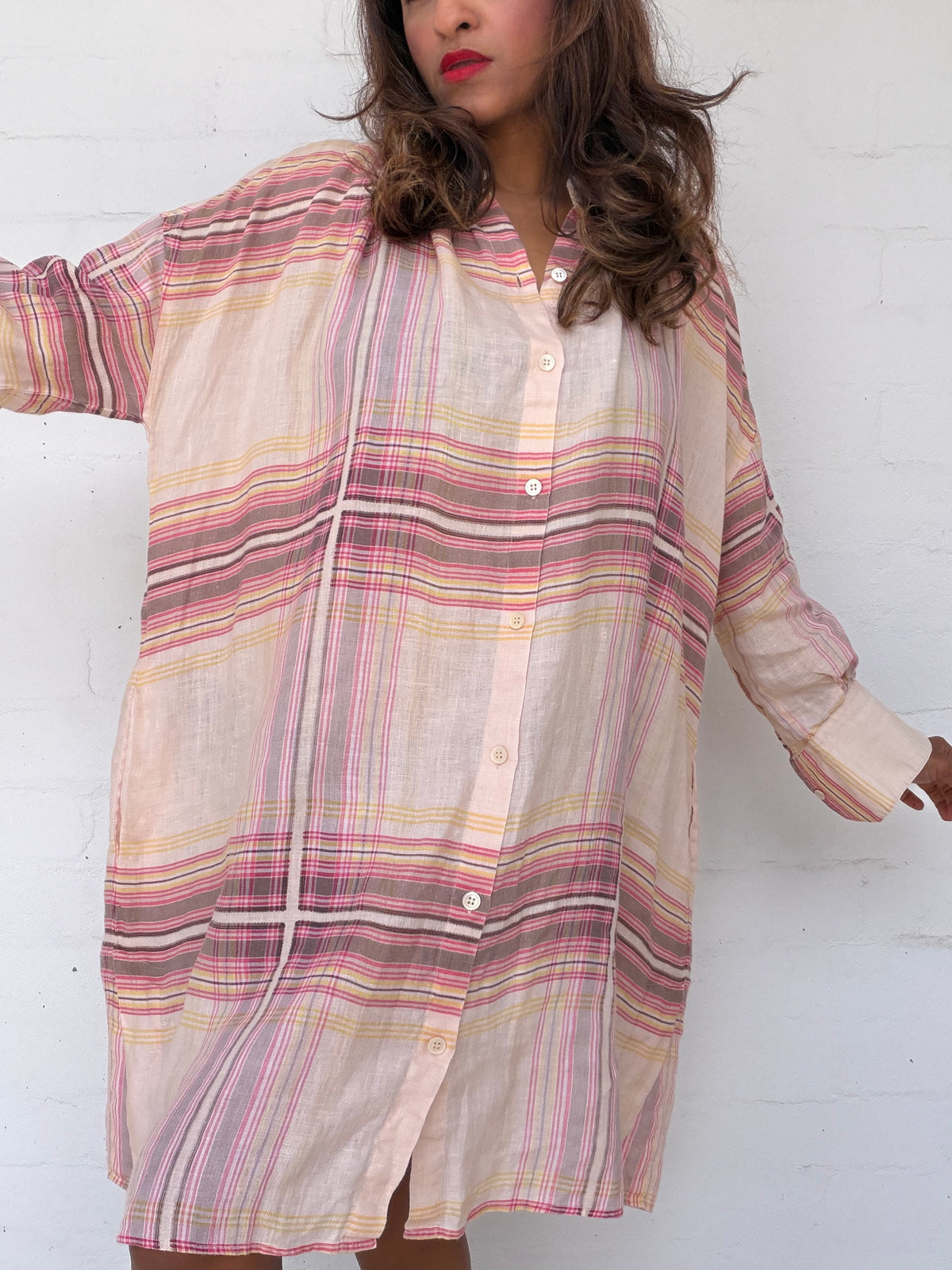 Oroton Linen Check Shirt Dress - Pink