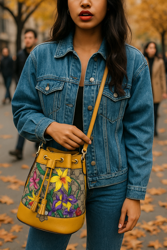 Gucci Mustard GG Supreme Small Ophidia Floral Bucket Bag