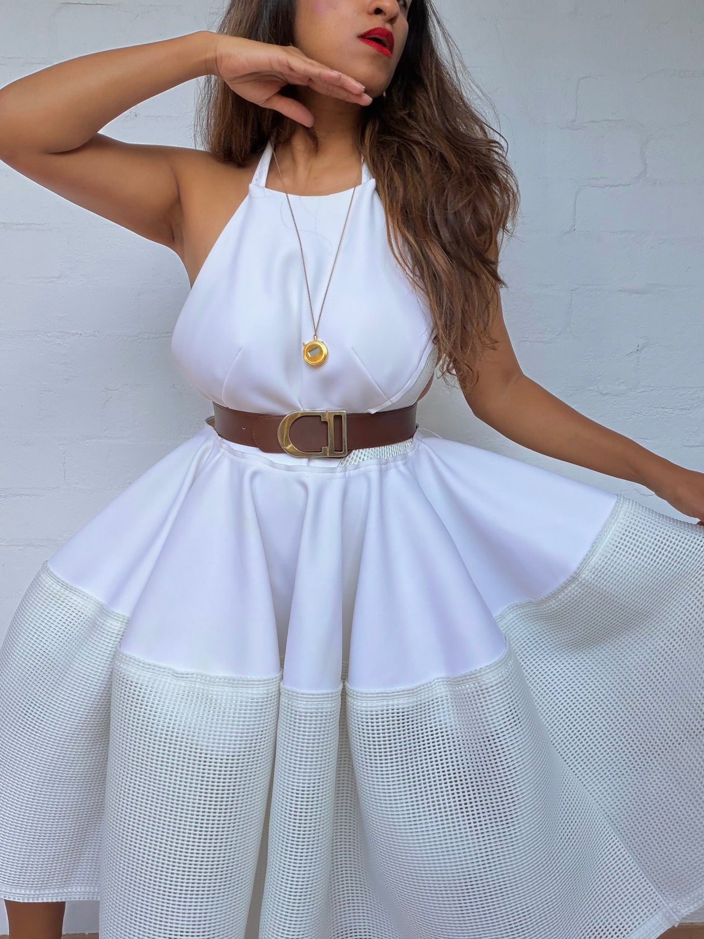 Scanlan & Theodore Mesh Scuba Halter Dress -  White