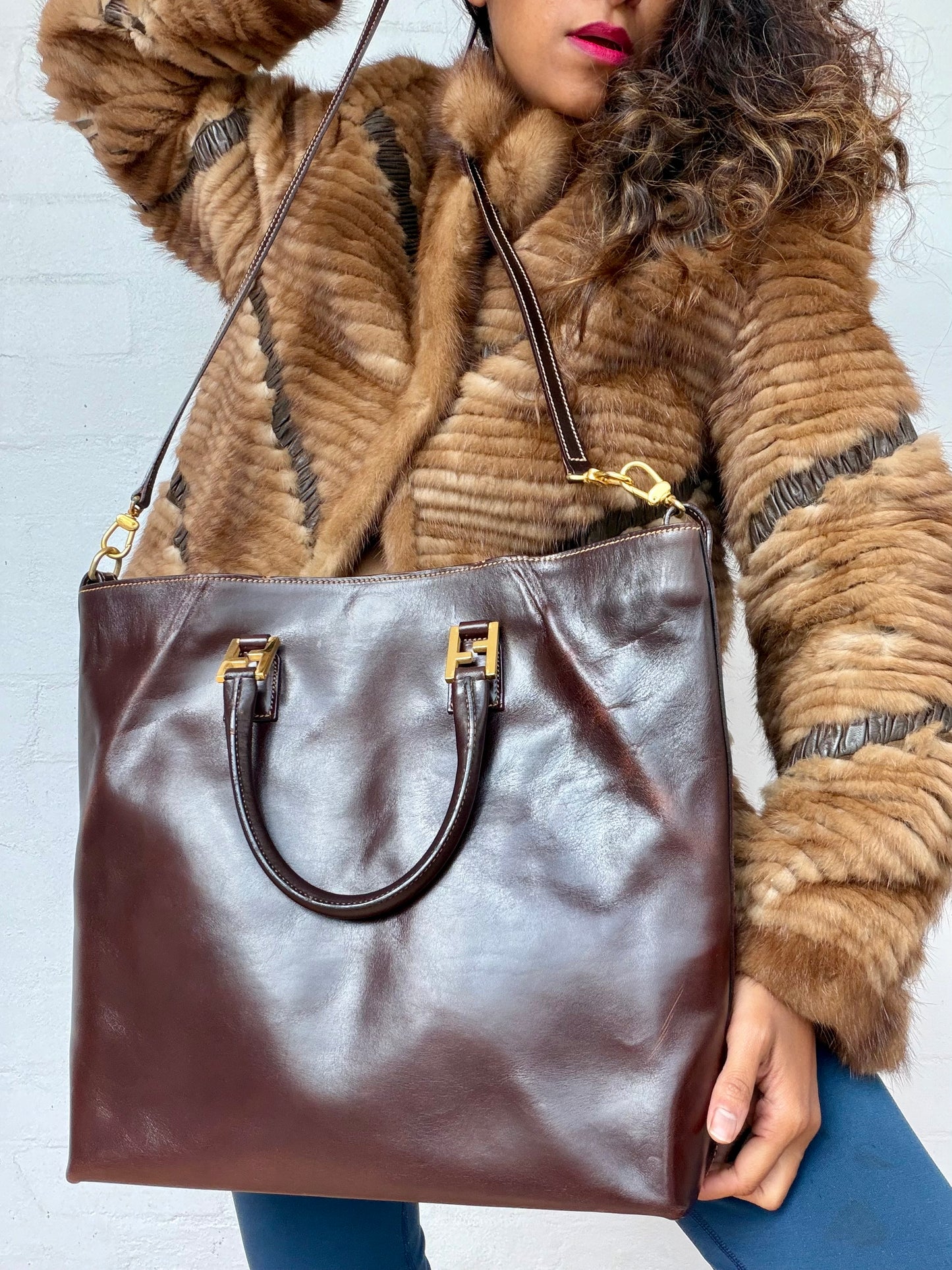 Vintage Fendi 2 in 1 Brown Leather Tote Bag Large