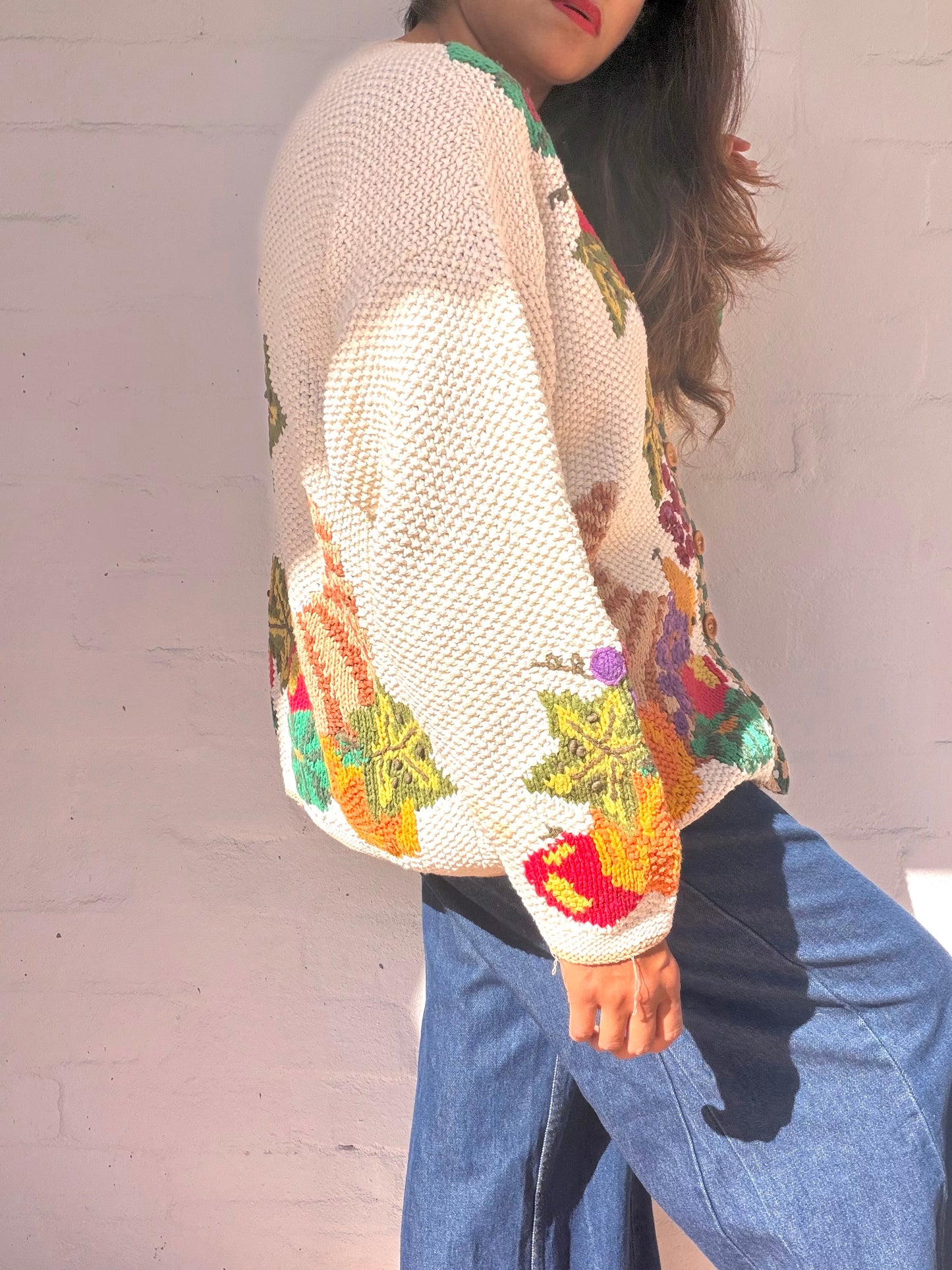 Rare Vintage Fruit Basket Print Cardigan - Hand Woven