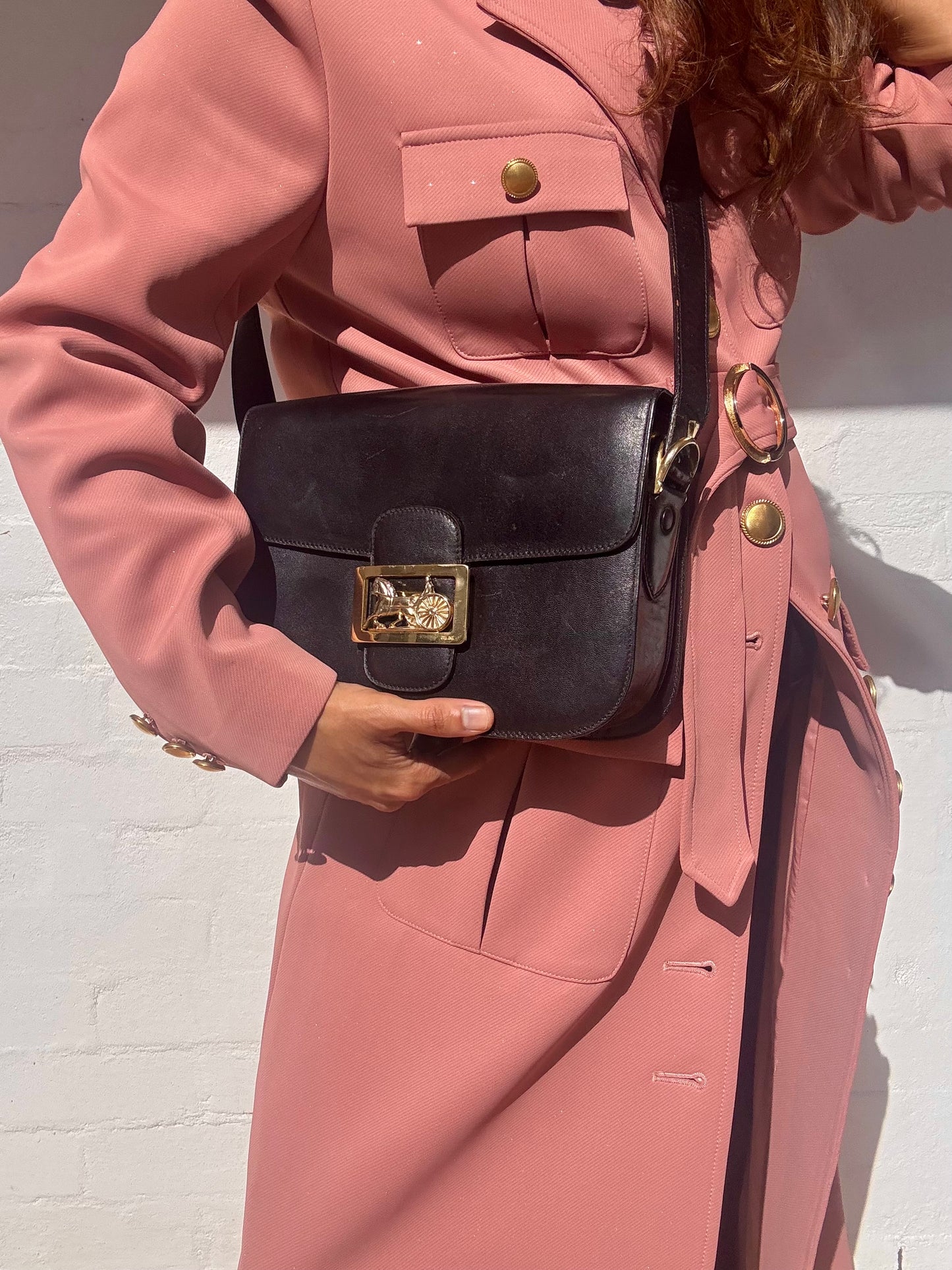 Vintage CELINE Horse Carriage Leather Black Shoulder Bag